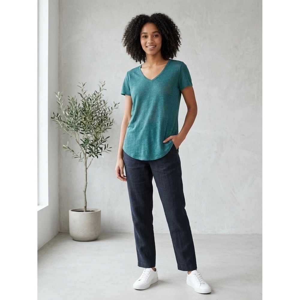 Eileen Fisher Organic Linen V-Neck Short Sleeve Top Teal Green Large F4LWO